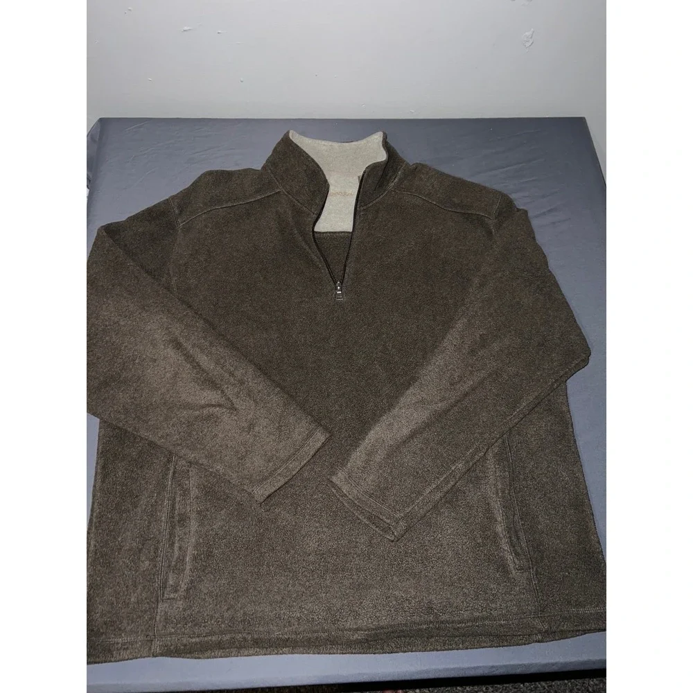 St Johns Bay Mens XL Brown Fleece Quarter Zip Pullover Sweater Mock Neck Pocket